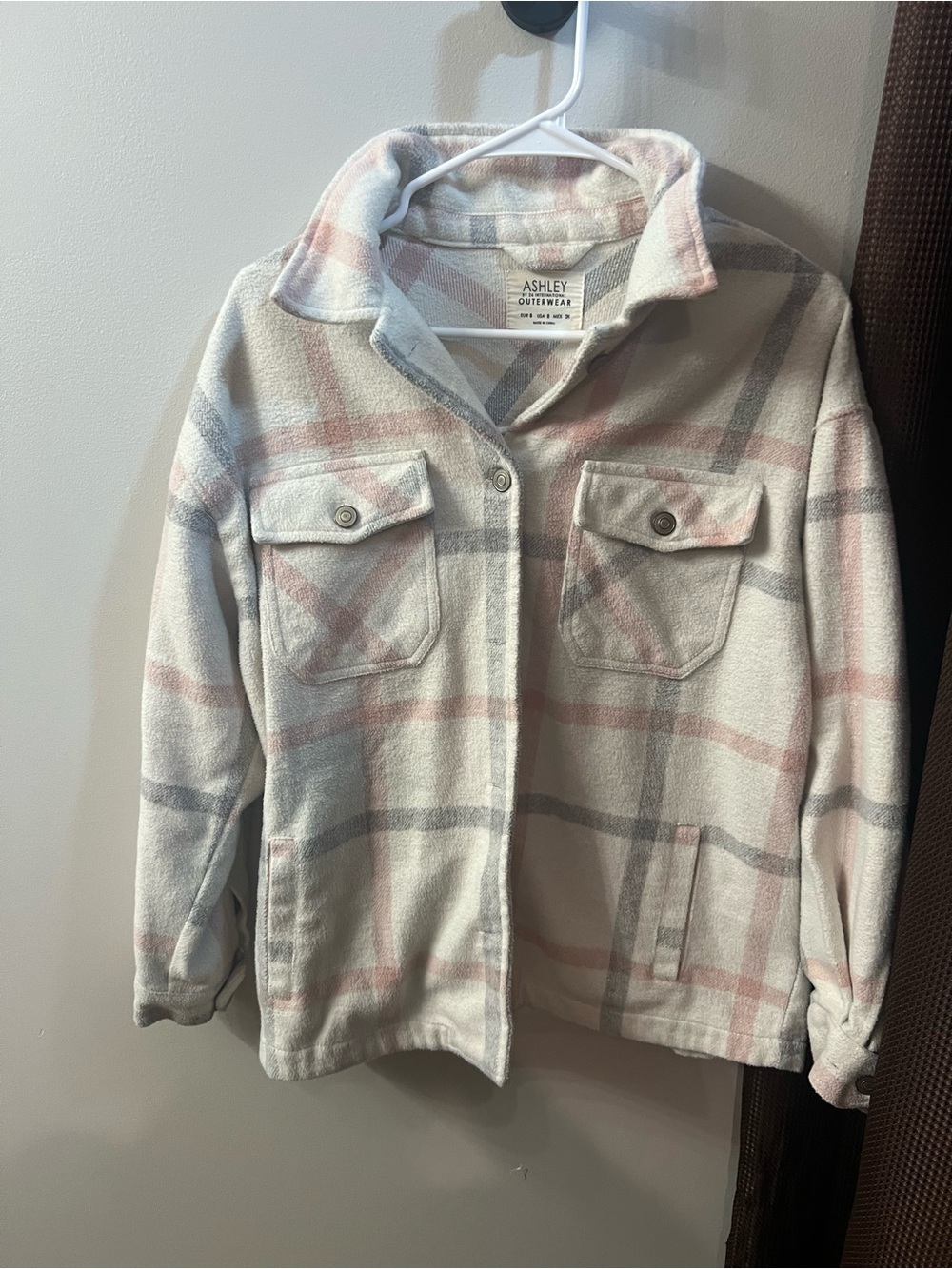 Ashley Cream Plaid Utility Shacket - Pink & Gray Accent